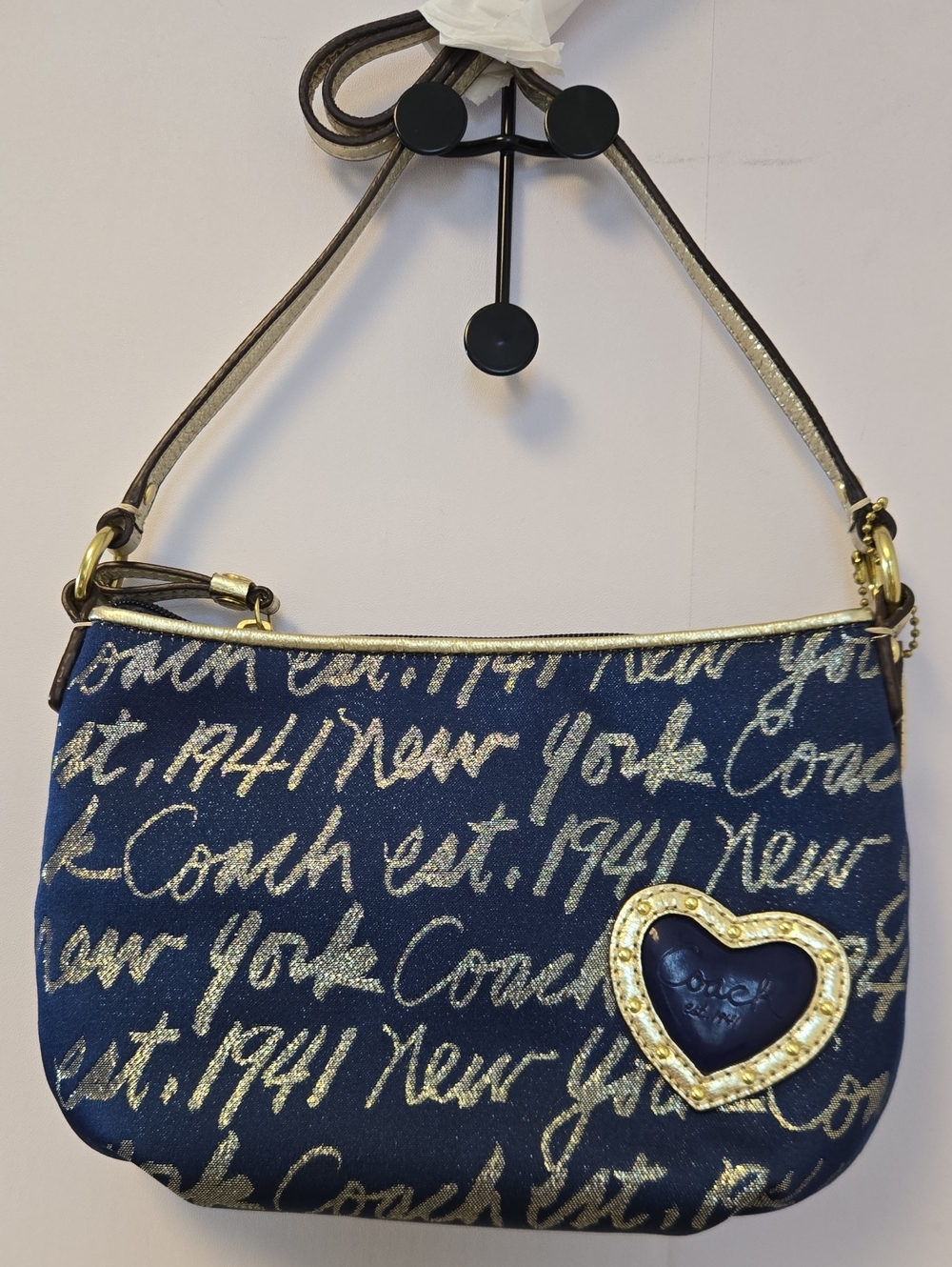 New Vintage Coach Navy Blue Signature Script Heart Shoulder Bag with Gold Accent